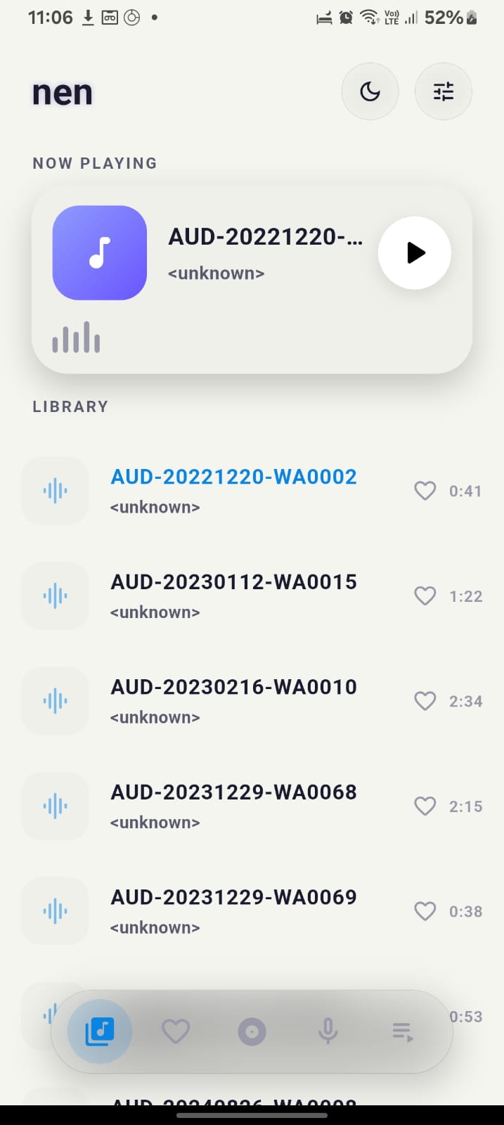 Nen Android app library with local audio files, favorites, playback controls, and bottom navigation.