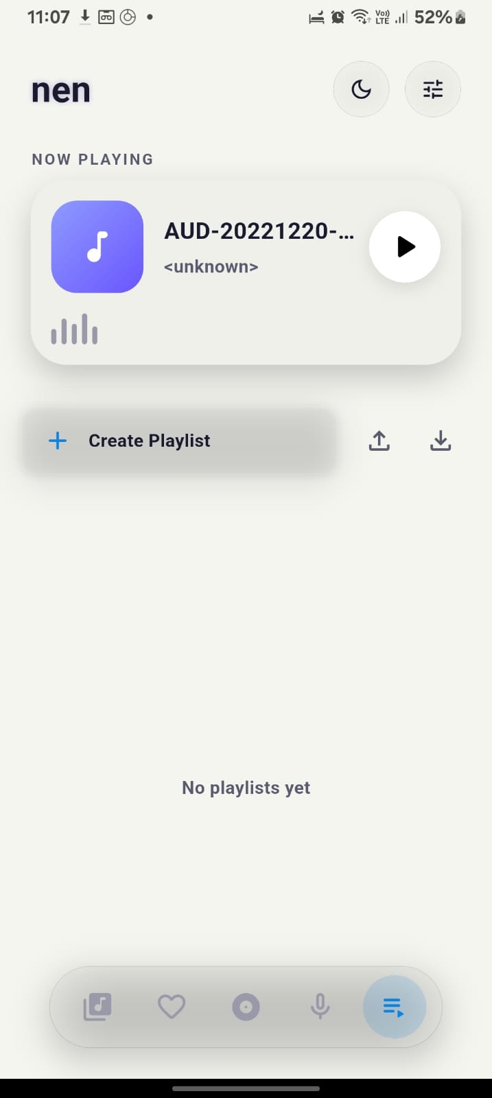 Nen Android app playlist screen with a now-playing card and Create Playlist action.